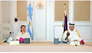 H E Sheikh Ahmed bin Jassim Al Thani, Minister of Economy and Commerce (right) and Argentina Vice-President Gabriela Michetti at the Argentina-Qatar Business Forum, in Doha, yesterday.