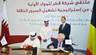 Eisa Al Hammadi, (left) QPMC Chief Executive Officer, and Marcel Van Bouwel, General Manager of Rent-A-Port, signing the contract in the presence of Sheikh Khalifa bin Jassim Al Thani and Christophe Payot, Ambassador of Belgium, in Doha yesterday. Pic:Ba