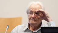 Defendant and German former SS officer Oskar Groening, 94, dubbed the 'bookkeeper of Auschwitz,' reacts at the courtroom in Lueneburg, northern Germany, ahead of his trial on July 7, 2015. (AFP PHOTO / POOL/ PHILIPP SCHULZE)