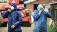 Workers in protective gear get ready to cull ducks as part of prevention measures against bird flu at a duck farm in Hierden, central Netherlands on November 27, 2016 © AFP / Remko de Waal