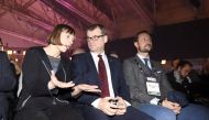Estonia's President Kersti Kaljulaid (L), Finland's Prime Minister Juha Sipila and Norwegian Crown Prince Haakon (R) attend the opening show of the Slush 2016 in Helsinki, Finland, November 30, 2016. Jussi Nukari/Lehtikuva via REUTERS