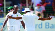 South African bowler Kagiso Rabada (centre) celebrates the dismissal of Sri Lanka batsman Angelo Mathews during the second day of the first Test match at Port Elizabeth cricket ground, South Africa, yesterday.