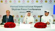 Akbar Al Baker, Group Chief Executive of Qatar Airways (centre) Edward Plaisted, CEO Skytrax (left) and Badr Mohammed Al Meer COO of Hamad International Airport (HIA), during the press conference at HIA, yesterday. Pic: Abdul Basit/ The Peninsula 