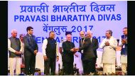 Dr R Seetharaman (fourth left), Doha Bank CEO receiving the award from Indian President Pranab Mukherjee (third left) at the Pravasi Bhartiya Divas Convention yesterday, in Bengaluru, 
