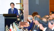 Japanese Prime Minister Shinzo Abe speaking during a Japan and Australia business dialogue meeting in Sydney, yesterday.