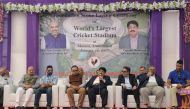 Vice President of the Gujarat Cricket Association (GCA) Parimal Nathwani (C), GCA Joint Secretary Jay Shah (4L), Indian cricketer Parthiv Patel (3L) and Senior Executive Vice President and Director at Larsen & Toubro M V Satish (3R) take part in a foundat