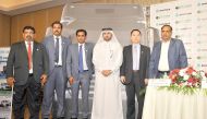 Saqr Saeed Al Mohannadi (fourth left) Zhang Houqin (second right), Mohammed Ali (right) and other officials during the press conference to announce the launching of Sinotruk from Seashore Automobiles at St.Regis Hotel yesterday. Pic Baher Amin/The Peninsu