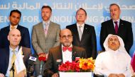 Dr R Seetharaman, Chief Executive Officer of Doha Bank with other bank officials during a press conference to announce financial results at bank's headquarters.  Pic: Abdul Basit / The Peninsula