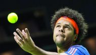 France's Jo-Wilfried Tsonga serves the ball to Greece's Stefanos Tsitsipas during his quarter-final match at the Rotterdam World Tennis Tournament in Rotterdam, yesterday.