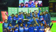 Sri Lankan players and team officials celebrate their T20 series win over Australia after the third T20 at the Adelaide Oval yesterday. 