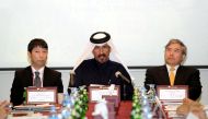 Mohammed bin Ahmed bin Towar Al Kuwari (middle), Vice Chairman, Qatar Chamber; Seiichi Otsuka (right), Japanese Ambassador to Qatar; and Masami Ando, Managing Director, JETRO, Dubai; addressing  the meeting of Japanese Delegation at the Qatar Chamber. Pho