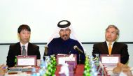 Mohammed bin Ahmed bin Towar Al Kuwari (centre), Vice Chairman, Qatar Chamber addressing the business networking session at Qatar Chamber yesterday.  Seiichi Otsuka (right), Japanese Ambassador to Qatar; and Masami Ando, Managing Director, JETRO, Dubai se
