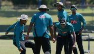 Bangladesh cricketers Soumya Sarkar (2R), Mehedi Hasan (C), Liton Das (L) and teammates play football during a practice session at The P. Sara Oval Cricket Stadium in Colombo on March 13, 2017. Bangladesh play their 100th Test on March 15, against Sri Lan