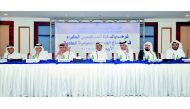 Sheikh Abdullah bin Thani Al Thani (centre), Chairman of Qatar Islamic Insurance Company and other senior officials at Company's AGM held at Ezdan Towers, yesterday.