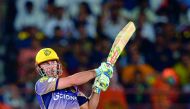 Kolkata Knight Riders batsman Chris Lynn plays a shot  during the 2017 Indian Premier League (IPL) Twenty20 cricket match against Gujarat Lions  at the Saurashtra Cricket Association Stadium in Rajkot.