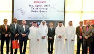 Mohammed Taleb Al Khauri (fourth left), Managing Director, Taleb Group, Tony Gu, (fifth right) Ankai International Regional Manager, Middle East, and other officials during the launch of Ankai bus at Taleb Trading Company. Pic: Kammutty VP / The Peninsula