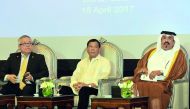 Philippine President Rodrigo Duterte (centre) Qatar Chamber Vice- Chairman Mohammed bin Ahmed bin Twar Al Kuwari (right) and one of the members of the accompanying trade delegation during the Philippine-Qatar Business Forum held at the Four Sessons Hotel,