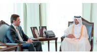 Prime Minister and Interior Minister H E Sheikh Abdullah bin Nasser bin Khalifa Al Thani with the Minister of Energy of the Russian Federation, Alexander Novak, in Doha yesterday. Talks dealt with bilateral relations and ways of enhancing them, mainly in 