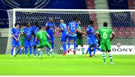 Al Ahli score a goal during the  Emir Cup match against Al Kharaitiyat at Al Arabi Stadium yesterday. Pictures by: Mohamed Faraj