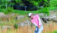 Dylan Frittelli of South Africa plays a shot during the second round of the Volvo China Open golf tournament in Beijing yesterday.