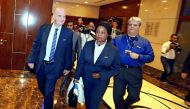FIFA President Gianni Infantino and Secretary General Fatma Samoura arrive to attend FIFA UEFA meeting ahead of the 67th FIFA Congress in Manama Bahrain, yesterday.