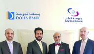 Rashid Ali Al Mansoori (second left), CEO of QSE and Dr R Seetharaman (second right), CEO Doha Bank and other officials at the event in New York Palace Hotel in New York, yesterday. 