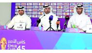 (From left) Lieutenant Fahad Buhindi, Representative of the Ministry of Interior, Hassan Al Kuwari, Chief Operating Officer of the Organising Committee and Jassim Al Jassim, Marketing and Communications Manager, addressing media during a press conference 