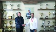 Qatar Volleyball Association President Ali Ghanim Al Kuwari (right) during his visit to the headquarters of Azerbaijan Volleyball Federation.