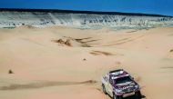 Qatar's Nasser Saleh Al Attiyah and his navigator Matthieu Baumel of Toyota Hilux Overdrive team in action during the fourth stage of Rally Kazakhstan.
