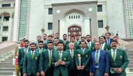 Players and officials of Pakistan cricket team, which won the Champions Trophy last month, pose for a group photo following a ceremony, honouring the national team hosted by Prime Minister Nawaz Sharif in Islamabad.  