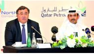 Saad Sherida Al Kaabi (right), President and CEO of Qatar Petroleum, and Patrick Pouyanné, Chairman and CEO of Total, at a press conference after the inauguration of the North Oil Company, held at Sheraton Grand  Doha, yesterday. Pic: by Kammutty VP/The P