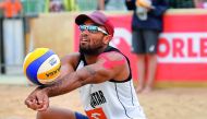 Qatar’s Jefferson Pereira in action during the FIVB World Tour -  Olsztyn beach volleyball event in Olsztyn, Poland.