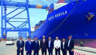 Captain Abdulla Al Khanji (fourth left), CEO, Mwani Qatar and accompanying delegation at one of the ports in India.