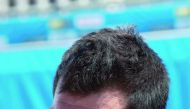 Gold medalist Steve LoBue celebrates on the podium of the men’s high diving competition at the 2017 FINA World Championships in Budapest, yesterday. 