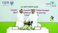Abdulaziz bin Nasser Al Khalifa (left), CEO, QDB, and Essa bin Hilal Al Kuwari, President, Kahramaa, shaking hands after signing the agreement, yesterday.