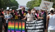 Counter-protesters of the Boston 'Free Speech' Rally march towards Boston Commons on August 19, 2017, in Boston. / AFP.