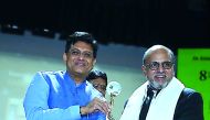 Dr R Seetharaman (right), CEO of Doha Bank, receiving “Energy and Environment Foundation 2017 Global Excellence Award in Renewable energy,” from Piyush  Goyal, India’s Minister of State with Independent Charge for Power, Coal, New and Renewable Energy and