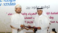 The President of Kahramaa, Eng Essa bin Hilal Al Kuwari (right), with the Chairman of Voltamp Energy Saog (Voltamp), Qais bin Mohamed Al Yousef, at the signing ceremony a Sheraton Grand Doha Resort and Convention Hotel, yesterday. Pic: Salim Matramkot / T