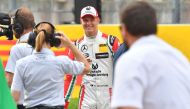  Mick Schumacher, German racing driver and son of seven-time Formula One champion Michael Schumacher, gives an interview after driving a Benetton B194 car during demonstration laps on the occasion of Michael Schumacher's 25th first Formula One victory, at