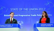 European Commission Vice-President Jyrki Katainen (left) and European Trade Commissioner Cecilia Malmstrom address a joint news conference on the trade package in Brussels, Belgium.
