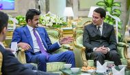 H E Sheikh Joaan bin Hamad Al Thani, the President of Qatar Olympic Committee (QOC) speaks with Turkmenistan officials ahead of the opening ceremony of the 5th Asian Indoor and Martial Arts Games in Ashgabat, Turkmenistan on Sunday.    