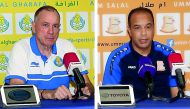 Al Gharafa coach Jean Fernandez (left) and Umm Salal coach Diogo Amado speak during press conferences held yesterday, ahead of their QNB Stars League match which will be played at Al Gharafa Stadium today.   