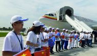 Officials board the first Airbus A330 plane to be delivered during the inauguration ceremony of the Airbus A330 Completion and Delivery Centre in Tianjin, yesterday.