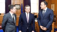 President of the European Central Bank Mario Draghi (centre) meets Prime Minister of Ireland Leo Varadkar (right) and Ireland’s Minister for Finance Paschal Donohoe, in Dublin, Ireland, yesterday.