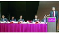 P Kumaran, Ambassador of India to Qatar, speaking at the IBPC networking session at Crowne Plaza Hotel. 