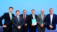 L-R) Ferdinand Fichtner, DIW Berlin, Oliver Holtemoeller, IWH Leibniz-Institut, Roland Doehrn, RWI Leibniz-Institut, Stefan Kooths, Kiel Institute for the World Economy, Timo Wollmershauser, ifo Institut and Klaus-Juergen Gern, Kiel Institute for the Worl