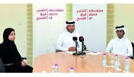 Abdulla Al Bakri (centre), Community Development Manager at ROTA, during a press conference at Education City, yesterday. 