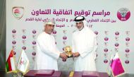 Sheikh Hamad bin Khalifa bin Ahmed Al Thani, President of the QFA and Sheikh Salim Al Wahaibi, President of the Oman Football Association (OFA) during the signing ceremony at QFA’s headquarters at Al Bidda Tower yesterday.