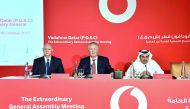 Vodafone Qatar’s CEO, Ian Gray (centre), Board Member, Nasser Al Marri (right), and CFO, Brett Goschen, at the company’s EGA meeting in Doha, yesterday.  
