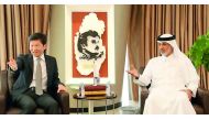 Sheikh Hamad bin Khalifa bin Ahmed Al Thani, President of the QFA and Chung Monggyu, President of the KFA during the cooperation agreement signing ceremony at Al Bidda Tower yesterday. 
